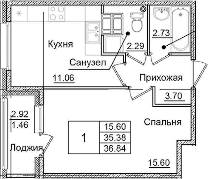 1-комнатная квартира 36.84 м², 6/9 эт., ЖК «Квартал Заречье»